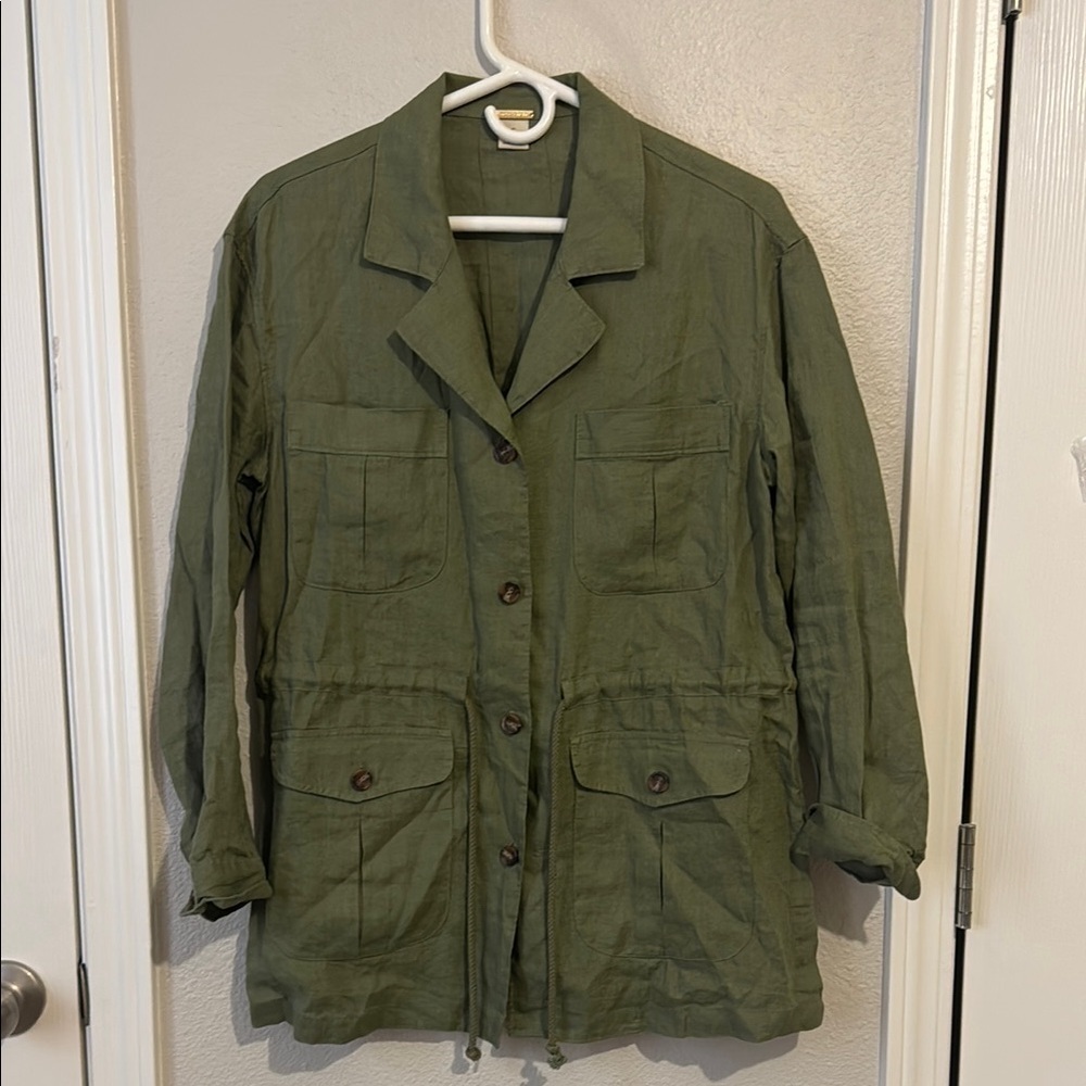 Magaschoni 100% Linen Olive Green Women's Utility Jacket Lightweight